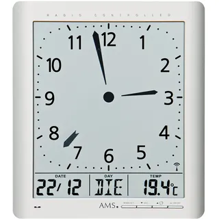 AMS Funk-Wanduhr, Funkwerk mit analoger Zeitanzeige und digitaler Anzeige von Zeit Datum Wochentag Temperatur, 21x24x3cm, 5898