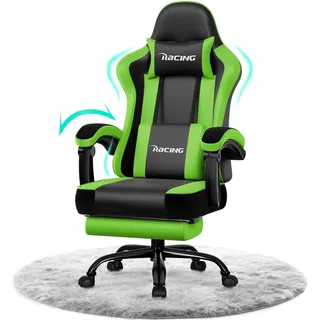 Portreen Gaming Stuhl,Bürostuhl, gamingsessel,bürostuhl ergonomisch mit Kopfstütze Lumenkissen, gepolstert, Fußstütze gamingstuhl, 150 kg gamer stuhl - Grün