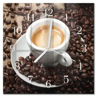 Tulup Glasuhr Wanduhr Küchenuhr Echt-Glas 30x30 cm Modern Dekorativ Geräuschlos Weiße Zeiger - Tasse Kaffee - Braun