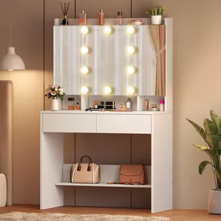 YITAHOME Schminktisch mit Spiegel und 10 LED-Beleuchtung, 3 Farben mit Einstellbarer Helligkeit Frisiertisch Kosmetiktisch mit verstellbaren Ablagen für Make-up, 2 Schubladen, modern (Weiß)