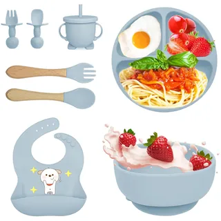Bizcasa 8 Stück Silikon Baby Geschirrset, Rutschfest Kindergeschirr Set, Kindergeschirr mit Saugnapf, Rutschfest Baby Schüssel,Baby-Teller, Baby-Besteckset für Kleinkinder, BPA Frei (Blau)