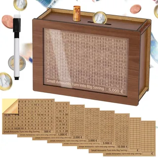 Alyvisun Spardose Holz mit Marker Aufklebern, Sparbüchse mit Zähler 5000€ Wiederverwendbare Geldkassette Holzspardose mit Sparziel zum Ankreuzen Sparbox Geldsparbox Cash Box €500-€10000 Ziel