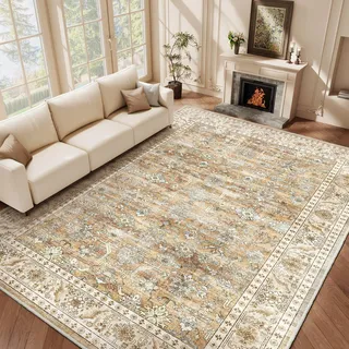 HOMFINE Teppich Wohnzimmer 120x170cm Vintage Waschbar Beige Braun | Großer Waschbarer Kurzflor Teppich mit Blumenmuster, Rutschfest, Weich und ideal für Wohnzimmer, Schlafzimmer und Esszimmer