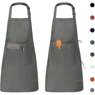 Viedouce 2 Pack Schürze, Wasserdicht Kochschürze mit Taschen, Verstellbarem Küchenschürze Grillschürze latzschürze Küchenschürze für Frauen Männer Chef-Belastbar & Einfach zu Reinigen,Grau