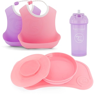 Twistshake Babygeschirr-Set - 5-teilig | 1x Baby-Silikon-Tischset - 1x Kinderteller - 2x Lätzchen - 1xStrohbecher | Baby-Geschirrset | Geschirr für die Babyentwöhnung | 6+ Monate | Rosa