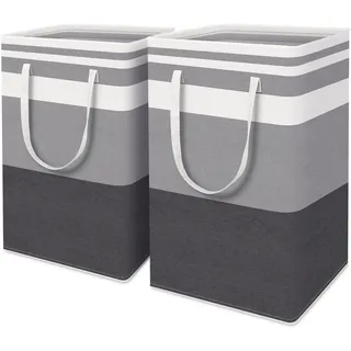 ALINK 2 Stück 72L Groß Wäschekorb Organizer mit erweitertem Griff, Faltbarer Wäschesammler Wäschebox Aufbewahrungskorb, Tragbar Wäschesortierer für Wäsche, Kleidung, Decken, Kissen (Grauer Streifen)