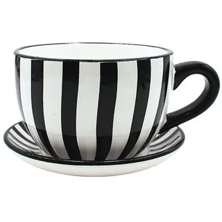 Dekohelden24 Blumentopf, Pflanztasse, Pflanzkübel, Pflanzgefäß, Blumenkübel, Pflanztopf. Übertopf als Tasse mit Griff aus Keramik, Motiv: Schwarz-Weiß-Gestreift, L/B/H 20 x 15 x12 cm.
