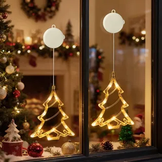 2 Stücke LED Weihnachtsbaum Lichterkette Fensterlicht mit Saugnapf Für Party Weihnachten Hängende Fenster Deko - Weiß