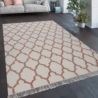 Teppich Wohnzimmer Marokkanisches Muster Fransen Handgewebt Wolle Beige Rot Grösse 140x200 cm - Bunt