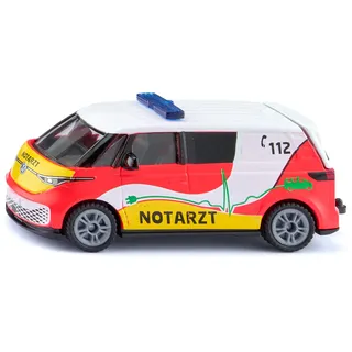 Siku 1113 VW ID. Buzz Krankenwagen-Spielzeugauto mit öffenbarer Heckklappe und Anhängerkupplung, Metall-Karosserie, Rot-Gelb, Rettungsdienst-Modell für Kinder