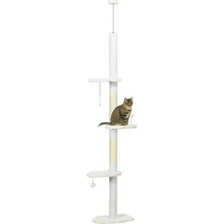 PawHut Kratzbaum Deckenhoch, 225-255 cm Katzenbaum, Katzenkratzbaum, Kletterbaum mit Jute-Seilpfosten, Katzenleiter, Spielball, Hängematte, Katzenmöbel für Katzen bis 5 kg, Weiß - Weiß, Bronze