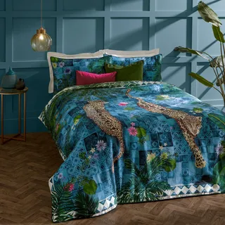 Paoletti Majorelle Bettbezug Set – Wendbare Marokkanische Botanische Leopard Mit Paspelrand Luxus Bettwäsche (Azurblau – Doppelbett – 200x200cm)