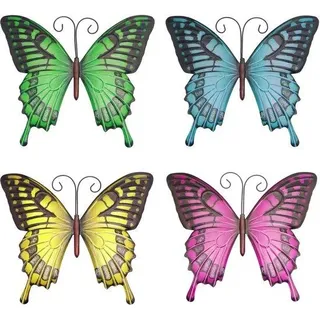 Unyqoos® 4er-Set bunte Metall-Schmetterlinge – 3D Wanddeko, Vintage-Finish, inkl. Aufhänger, gelb/rosa/blau für Wohnzimmer Balkon Garten