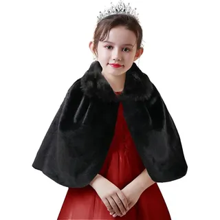 SK Studio Mädchen Kunstpelz Bolero Jacke Shrug Langarm Prinzessin Cape Mantel Blumenmädchen Achselzucken für Weihnachten Geburtstag Party Schwarz, 5-7 Jahre