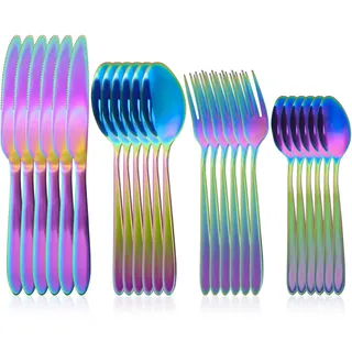 RETON 24 Stücke Bunt Besteck für 6 Personen, Edelstahl Gabel Messer Löffel Set, Camping Cutlery für Zuhause/Party/Restaurant, Spülmaschinenfest