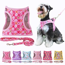 Moonpet Step in Air Hundegeschirr Leine Set – Reflektierendes Blumenmuster gepolsterte Netzweste Geschirr für Katzen, Welpen, extra kleine, kleine, mittelgroße Hunde-Rosa Blume -XS