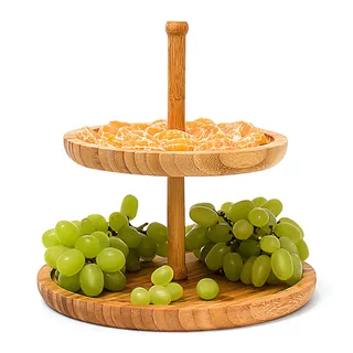 Relaxdays Etagere Bambus H: 25 cm D: 25 cm 2-stöckige Obstetagere aus Holz mit 2 runden Schalen zur Ablage von Gebäck, Kekse, Party-Snacks, Nüsse, Süßigkeiten als Obstteller und Servierplatte, natur