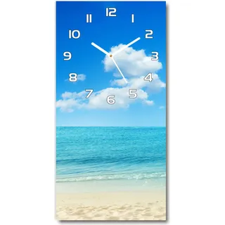 Wanduhr aus Glas – 30x60 cm - Glasbild - Glasuhr - Gehärtetes Glas -Tropischer Strand - Blau
