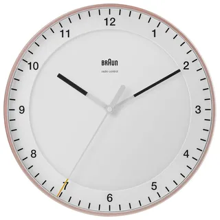 Braun Klassische, funkgesteuerte, große analoge Wanduhr mitteleuropäische Zeitzone (DCF/GMT+1) mit geräuschlosem Sweep-Uhrwerk, leicht ablesbar, 30 cm Durchmesser in Rosé und Weiß, Modell BC17PW-DCF