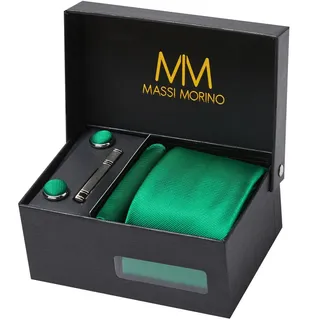 Massi Morino Krawatte "Massi Morino Krawatten-Set" mit Einstecktuch, Manschettenknöpfen und Krawattenklammer, grün
