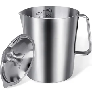 Messbecher Edelstahl 1000ml/32oz, ANVINKU 304 Edelstah Messbecher mit Deckel, Rührbecher, Measuring Cup mit Griff fur Milchkännchen, Kaffeekanne