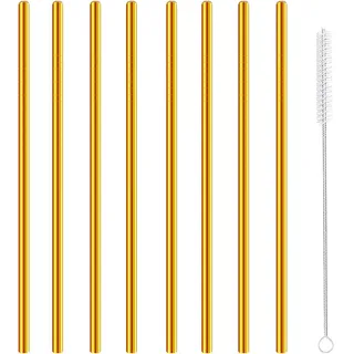 Edelstahl-Trinkhalme, Metall wiederverwendbar, für Saft Eiskaffee kalte Getränke Wasser Highballgläser Becher Tassen, 6 mm breit 215 mm lang, mit Bürste, Set mit 8 Stück Gold