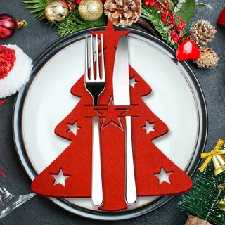 Besteckhalter Weihnachten Filz, 12 Stück Bestecktasche Tannenbaum Besteckbeutel Weihnachtsbaum Tischdeko Rot, Weihnachts Messer Gabeln Löffel Geschirr Besteck Taschen für Party Tisch Weihnachtsdeko
