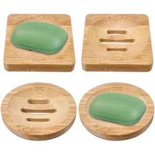 Guduling 4 Stück Seifenschale mit Ablauf Bambus, Seifenhalter aus Holz