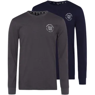 H.I.S Langarmshirt Packung, 2er-Pack, 2 Stk. Langarm, bedruckt, Rundhalsausschnitt, aus 100% Baumwolle, blau