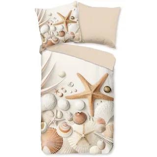 good morning Wendebettwäsche »Cote« 3 Stk. tlg. 100% Baumwolle, Renforcé, Reißverschluss, Wendeoptik, strand, Seestern, beige