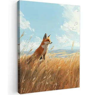 MuchoWow© Leinwandbild Dekoration Wohnzimmer Bilder Pictures Wall | 30x40 cm - Decoration Living Room Wohnungs Deko Moderne Bild Fuchs - Gras - Wolken - Orange