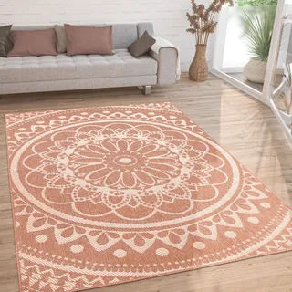 Outdoor Teppich wetterfest & robust Mandala Boho Design pflegeleicht flachgewebt Grösse 80x250 cm - Orange