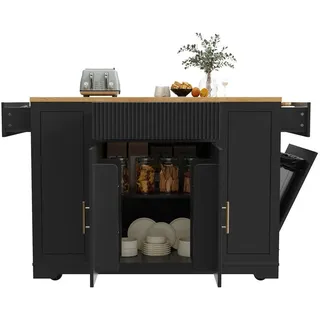 Okwish Kücheninsel mit Rollen Abfallbehälterfach Schubladen Küche 120 x 50 x 92 cm schwarz