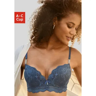 Push-up-BH LASCANA, Damen, Gr. 80, Cup A, blau (dunkelpetrol), Microtouch, Obermaterial: 60% Polyamid, 35% Polyester, 5% Elasthan, BHs Push-up-BH, mit extravaganten Strasselementen an den Trägern, Dessous