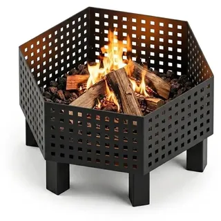 MetaloPro Hexa Flora Feuerschale sechseckig – Feuerstelle Garten 70 cm, 3 mm Stahl geschweißt, Lasercut Blatt-Motiv, schwarz pulverbeschichtet, EU-Herstellung