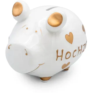 Logbuch-Verlag Sparschwein Hochzeit Keramik Weiß Gold 12,5 cm Spardose Hochzeitsgeschenk Brautpaar Geldgeschenk Sparbüchse Glücksschwein Deko Geschenkidee