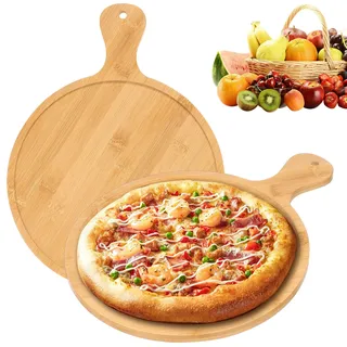 Goshoppers 2er Pizzateller mit Griff aus schnittfestem Bambus (28 cm)