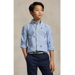 Polo Ralph Lauren für Jungen. 323878876001 Oxford-Hemd aus Baumwolle mit blauem Pferd ((M) 8/9años= 140/149cm), Lässig, Langarm, Kinderbekle