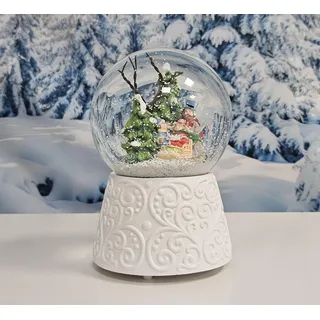 Schneekugel Weihnachten mit Musik | Winterspaziergang mit Familie | Sockel weiß Nostalgie | H: 14cm B: 10 cm | Schüttelkugel Weihnachten Winter mit Spieluhr | 20150