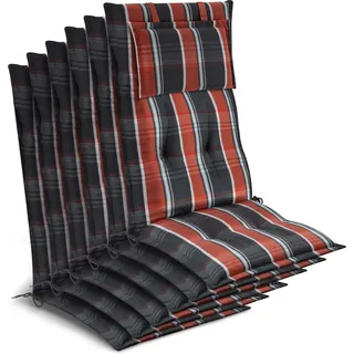 Beautissu 6x Gartenstuhlauflage Hochlehner 120x50x7cm Grau-Orange-Weiß-Kariert
