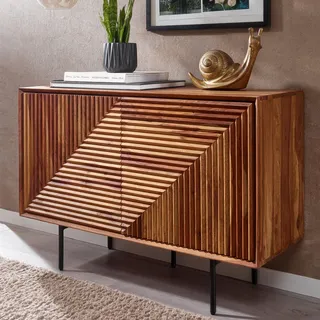 FineBuy Sideboard Sheesham Massivholz 100 cm mit 2 Türen - Massive Retro Kommode mit Schwarzen Beinen - Design Natur Anrichte - Handdustrial - Braun