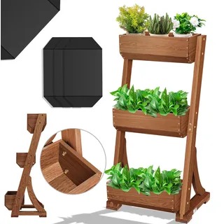 KESSER® Hochbeet mit Etagen Premium Blumenkasten Blumentreppe Pflanztreppe - Gemüsebeet Kräuterbeet Pflanzkübel Frühbeet Blumenbeet Pflanzkasten inkl. Gartenvlies- Beet für Terrasse Balkon & Garten - Braun