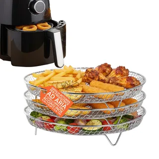 Avilia Grillrost für Luftfritteuse mit 3 Ebenen, stapelbar, rund, aus Edelstahl, Mehrzweck-Zubehör, leicht zu reinigen, für gleichmäßiges und knuspriges Backen