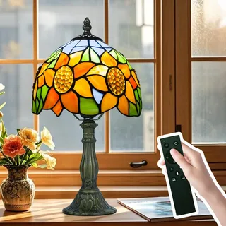 Ppbmocw Tiffany-Tischlampe, Metallsockel, E27-Glühbirne Mit Fernbedienung, 8 Zoll Retro Stained Glass Lamp Für Wohnzimmern,Lesezimmern,Schlafzimmern Und Arbeitszimmern Verwendet (D Sonnenblume)