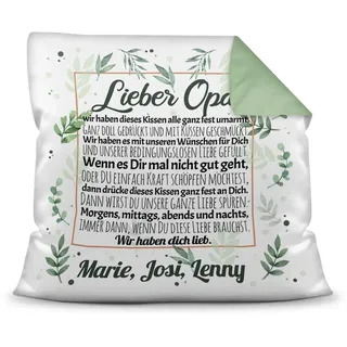 Print Royal Kissen inkl. Kissenfüllung mit schönem Spruch für Opa - Wir haben Dich lieb - zum Beschriften mit Wunschnamen - Farbkissen Rückseite Seegrün, 40 x 40 cm