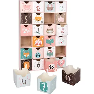 BRUBAKER Adventskalender zum Befüllen - Tierische Weihnachten Rosa - DIY Weihnachtskalender mit 24 Türchen für Gutscheine, Süßigkeiten und andere Überraschungen - 32,5 cm groß aus Pappe - Rosa, Bunt
