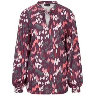 Schlupfbluse GOLDNER "Kurzgröße Moderne Rüschenbluse mit Stehkragen", Damen, Gr. 21, pink (beere, gemustert), Obermaterial: 100% Viskose CV., Blusen Schlupfbluse, Rüschen