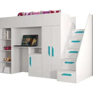 Etagenbett für Kinder Party 14 Stockbett mit Treppe und Bettkasten (Weiß + Weiß Glanz + türkise Griffe) - Weiß