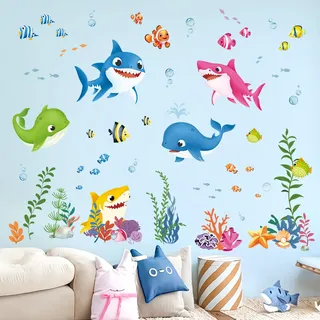 decalmile Wandtattoo Unter dem Meer Fisch Wandaufkleber Bunte Haie Meeresschildkröte Seetang Wandsticker Kinderzimmer Babyzimmer Badezimmer Wanddeko