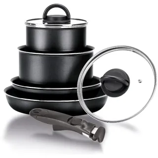 Moneta Gea Minispace 6-teiliges Topfset mit abnehmbarem Griff, 100% recyceltes Aluminium, auch für Induktion geeignet, Made in Italy